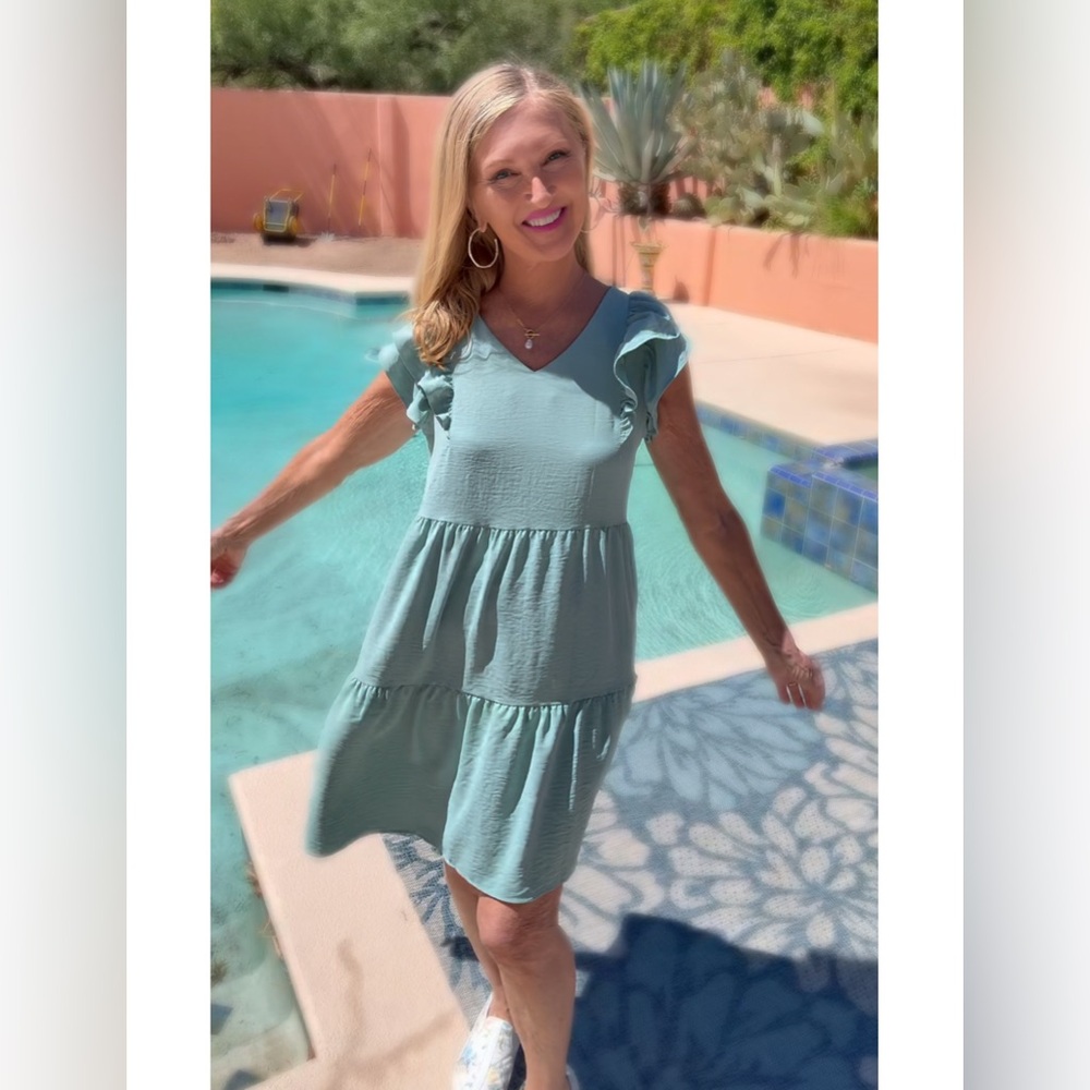 Amazon Sage Green Ruffle Sleeve Tiered Mini Dress